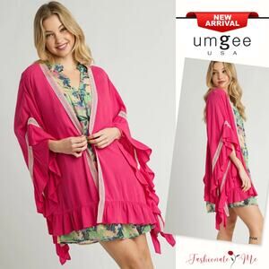 Umgee Ruffle Trim Delicate Crochet Lace Accents Loose Open Front Kimono | Pink